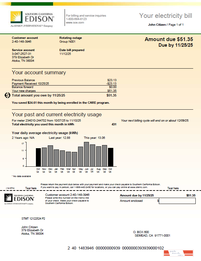 USA Southern California Edison utility bill template in Word and PDF formats, version 3